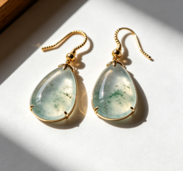 Genuine Burmese Jade Stud Earrings, Luxury Gemstone Jewelry